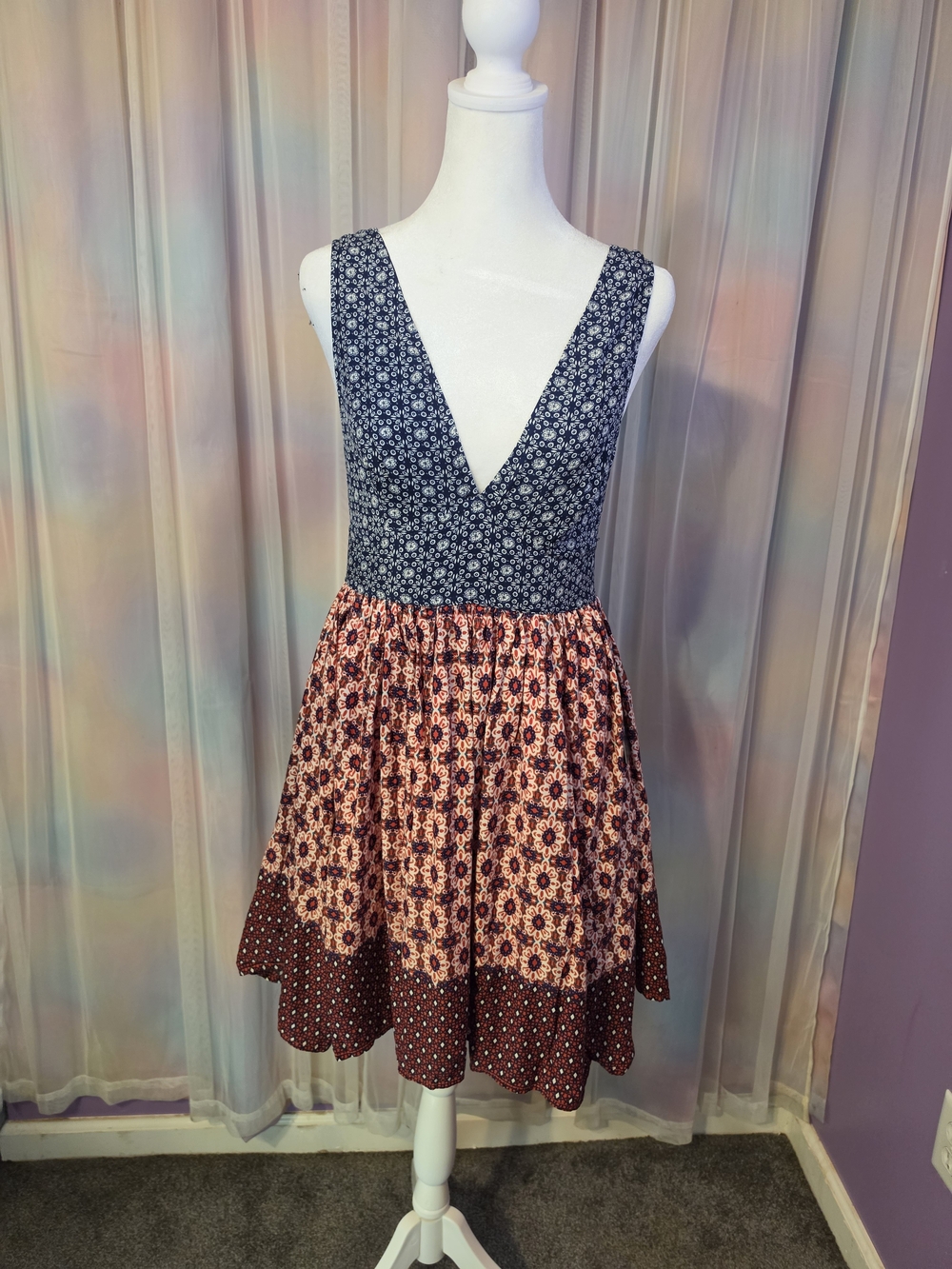 Lulu's Navy Pink Flowy Linen Floral Patchwork Babydoll Mini Dress Size Small